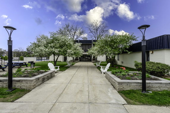 Front view of a building with a pathway leading to the entrance, surrounded by trees and outdoor seating.