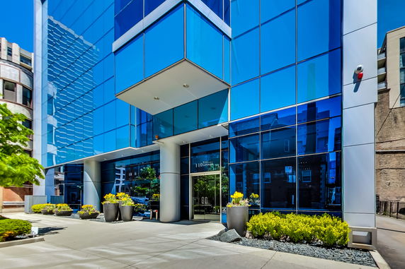 Front view of a modern glass-fronted building.