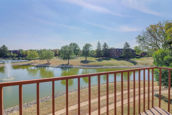 Panoramic view of a pond with trees and buildings in the background seen from a balcony.
