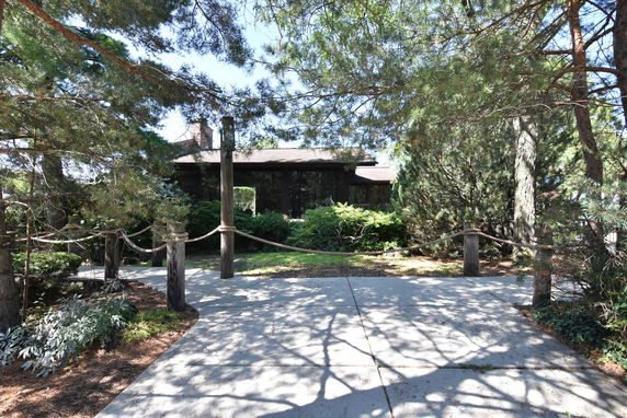 Front view of a house surrounded by trees and greenery.