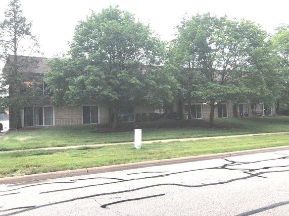Front view of a multi-story building with trees in front.