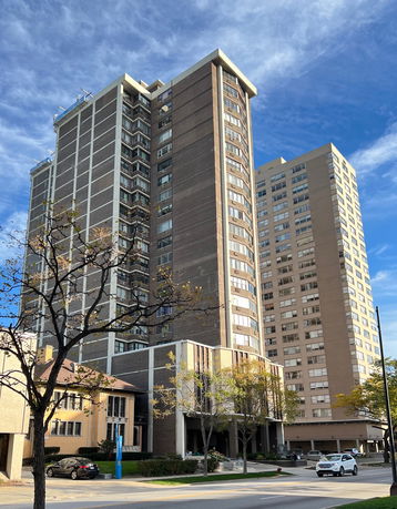 Front view of high-rise apartment buildings