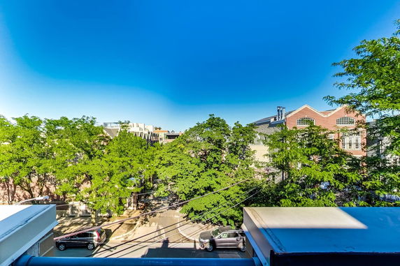 Panoramic view of a street with trees and buildings under a clear blue sky.