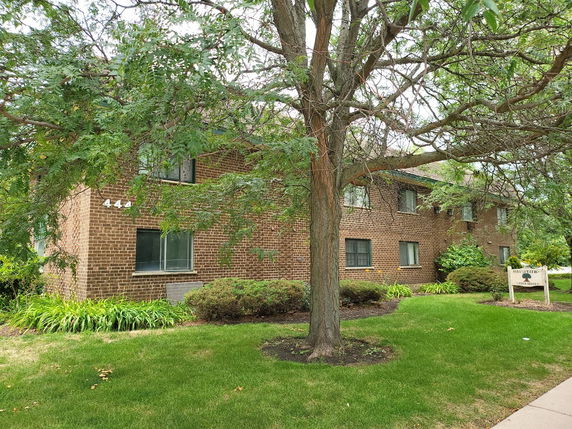 Front view of a brick apartment building with multiple windows.