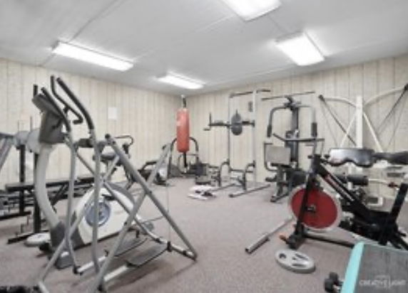 Indoor gym area with various exercise equipment including ellipticals and weights.