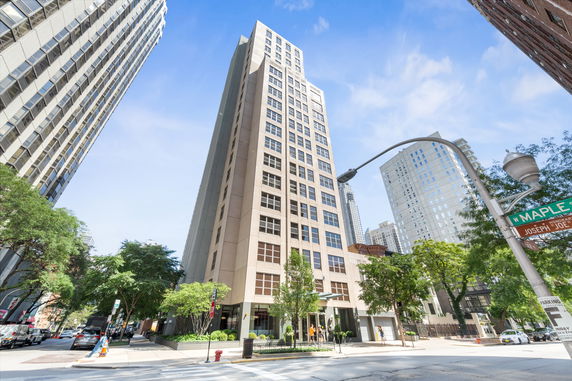 Front view of a high-rise building in an urban area.