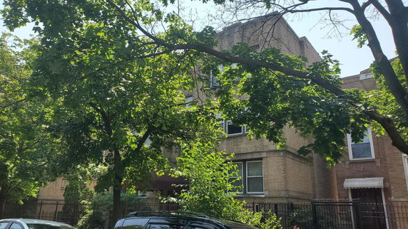 Front view of a multi-story brick building with trees in the foreground.
