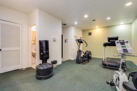 Indoor gym area with cardio equipment and a punching bag.