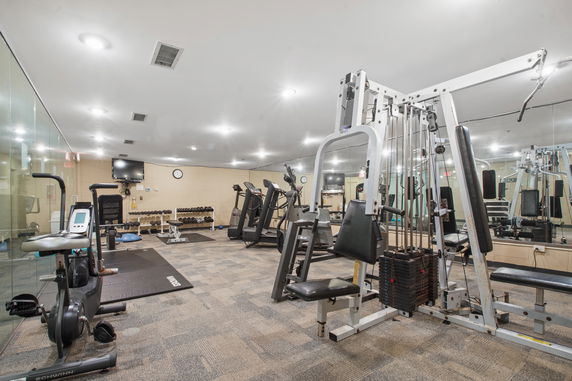 Indoor gym with various exercise equipment, including machines, treadmills, and weights.