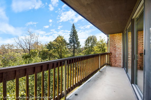 View from a balcony looking out over a forested area with a blue sky above.