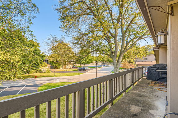 View from a balcony overlooking a suburban street and greenery.
