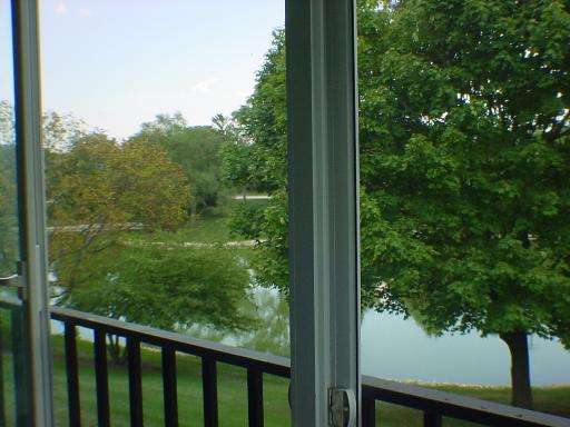 View from a building showing trees and a body of water.