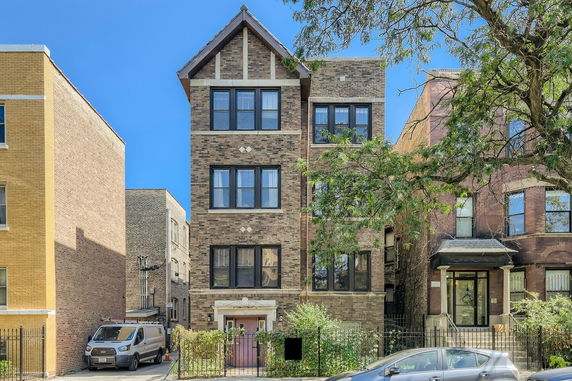 Front view of a multi-story brick building