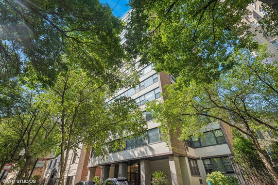 Front view of a multi-story building with trees surrounding it.