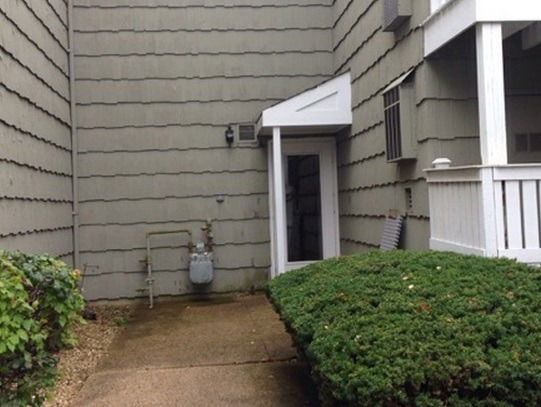 Outdoor entrance of a building with siding and a small porch.