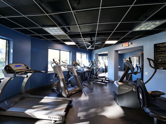 Interior view of a fitness area with exercise machines and equipment.