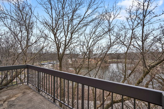 Panoramic view from a balcony overlooking trees and a pond.