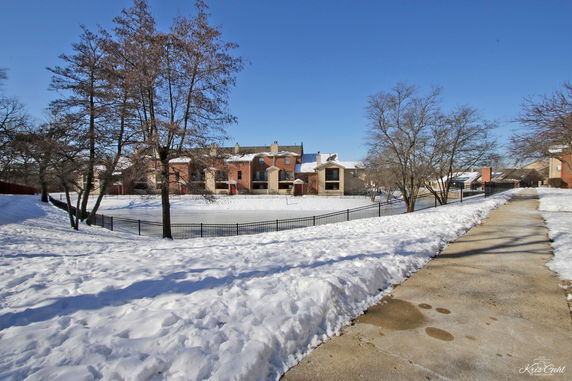 View of a residential area with buildings surrounded by snow and a pathway.