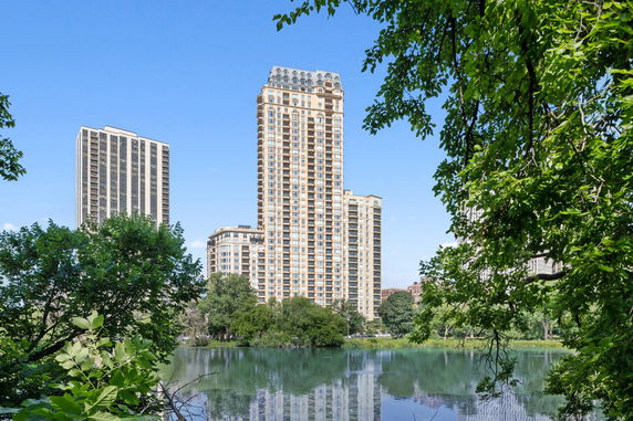 View of tall buildings seen through trees with a reflection in a lake.