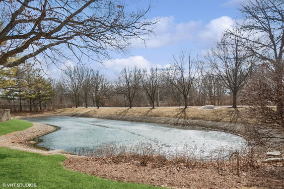 Wide angle view of a frozen pond surrounded by trees and grass.