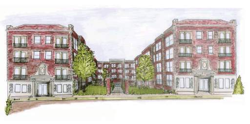 Illustration of a three-story apartment building with a central courtyard.