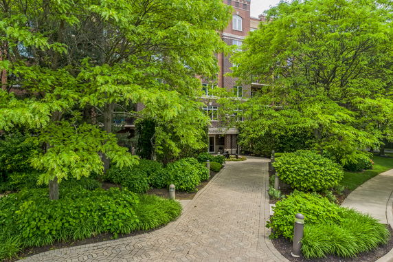 Front view of a multi-story brick building partially obscured by trees and shrubs.