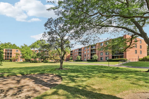 Front view of multiple four-story brick apartment buildings surrounded by green lawns and trees.