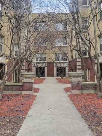 Front view of a multi-story building with bare trees and a pathway leading to the entrance.