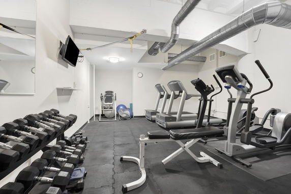 Interior view of a home gym with exercise equipment and a TV.