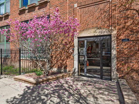 Front view of a brick building entrance with a glass door and blooming tree.