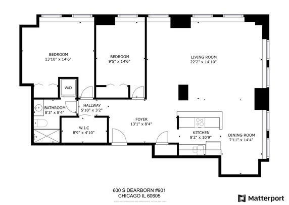 Floor plan of an apartment at 600 S Dearborn, Chicago, IL 60605, featuring bedrooms, living room, kitchen, dining room, bathroom, hallway, and foyer.
