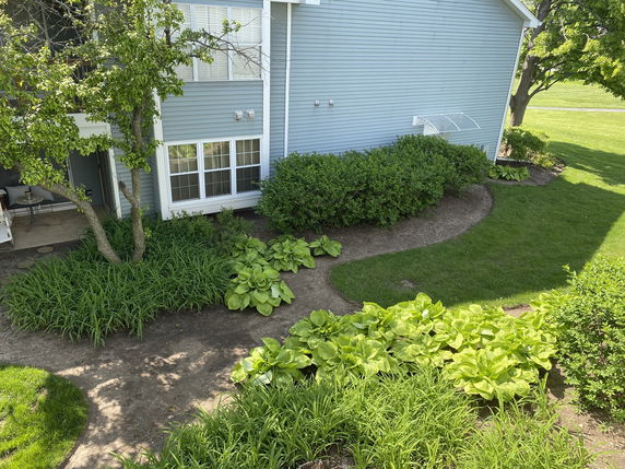 Side view of a house with blue siding and large windows, surrounded by landscaping and greenery.