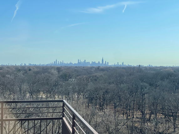 Panoramic view from a balcony showing a city skyline in the distance.