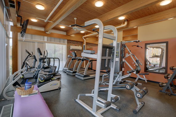 Indoor gym area with exercise equipment and wooden ceiling
