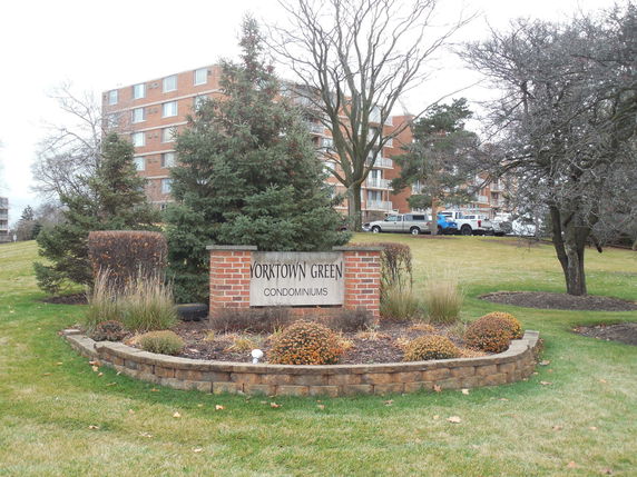 View of condominium buildings surrounded by trees and landscaped greenery.