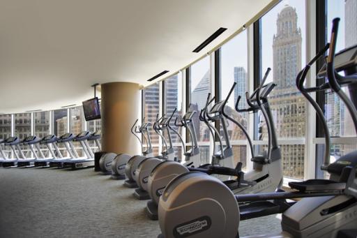 Interior view of a gym with exercise machines lined up against large windows.
