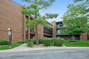 Front view of a multi-story brick apartment building with balconies and trees in front.
