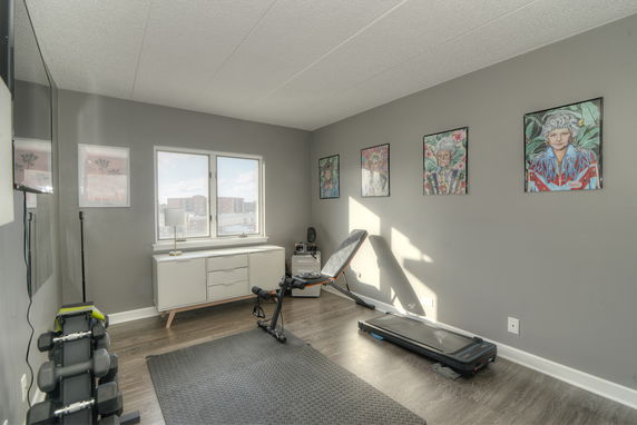Indoor exercise room with treadmill and dumbbells