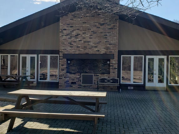 Front view of a house with a brick chimney and multiple glass doors.