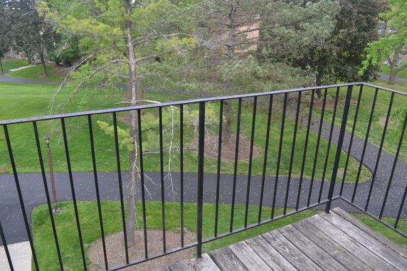 View from a balcony overlooking a green area with trees and pathways.