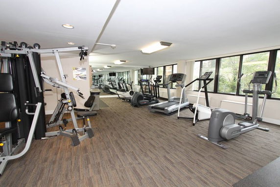 Indoor gym area with exercise equipment and large windows.
