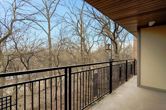 View from a building balcony overlooking bare trees and sky.