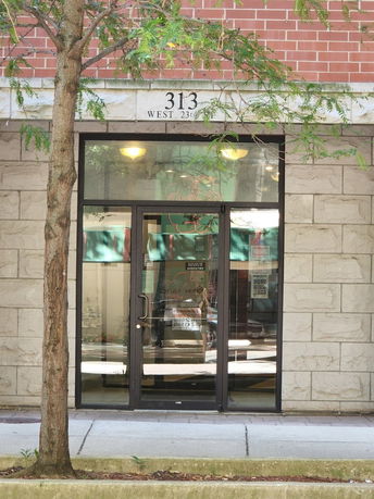 Front view of a building entrance with glass doors and above it, the address 313 West 23rd.