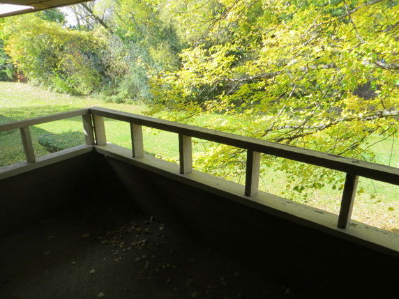 View from a balcony overlooking lush green trees and grassy area.