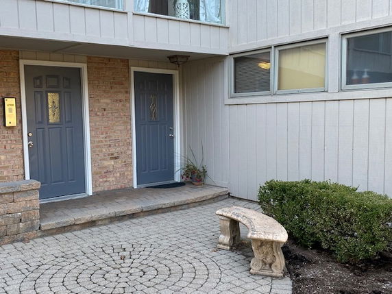 Front view of a building entrance with two doors and a small porch area.