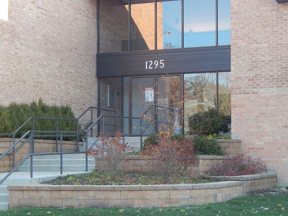 Front view of a building entrance with steps and plants.