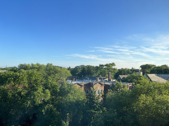 Panoramic view of rooftops and trees under a clear blue sky.