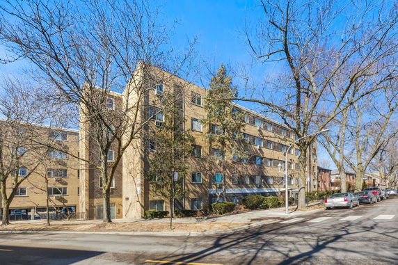 Front view of a multi-story apartment building.
