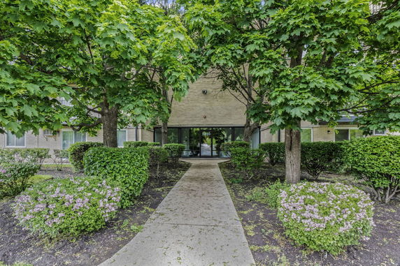 Front view of a building entrance with a walkway and trees.
