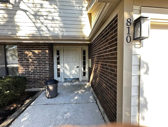 Front view of a house with brick and siding exterior and a front door with windows on either side.